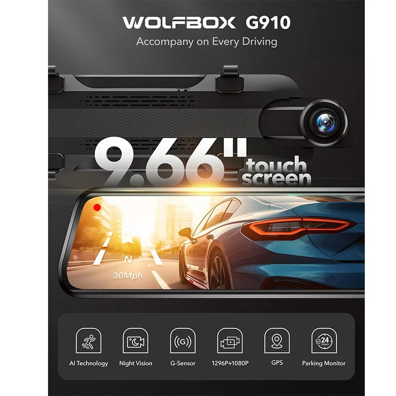 WOLFBOX G910 Dash Camera Front and Rear Dash Cam AI Motion Detection Car Video Recorder for GPS Parking Monitor Mirror Car Dvr